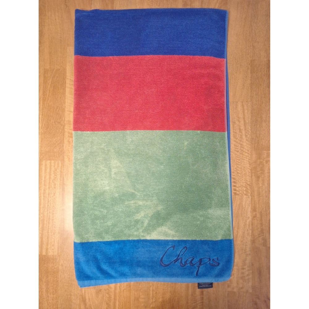 VTG 90s Chaps Ralph Lauren Striped Beach Towel 100% Cotton Blue Green Red